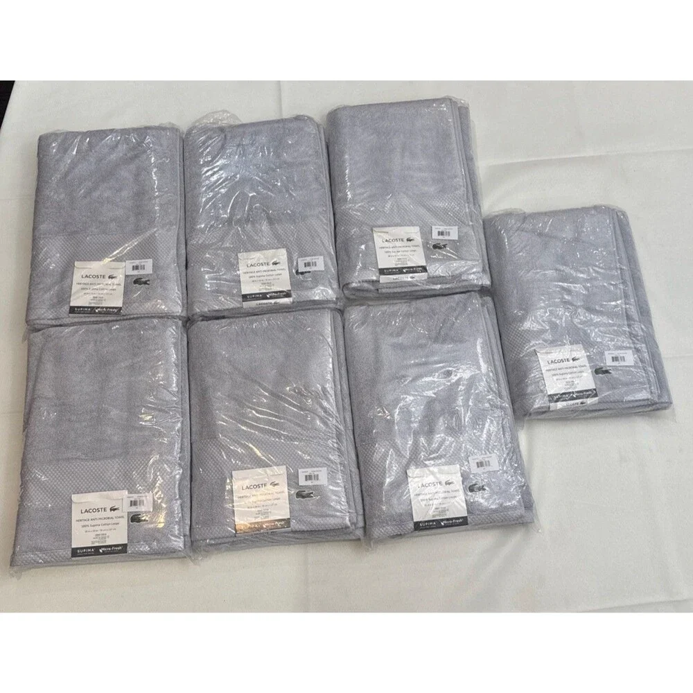 LOT OF 7: Lacoste Heritage Supima Bath Towel Microchip Gray 30x54 Brand New